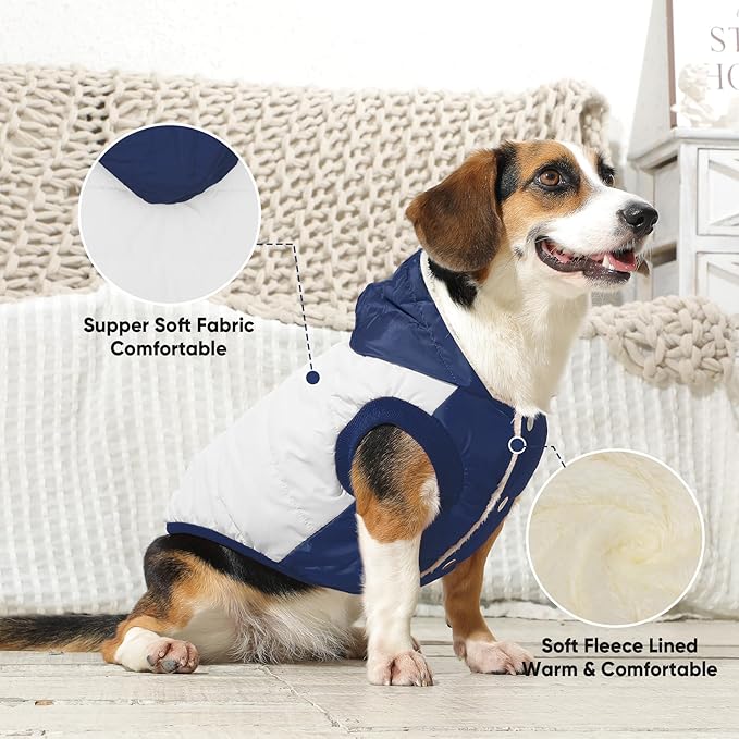 Vecomfy Fleece Lining Extra Warm Dog Hoodie in Winter,Small Dog Jacket Puppy Coats with Hooded,Beige and Blue S