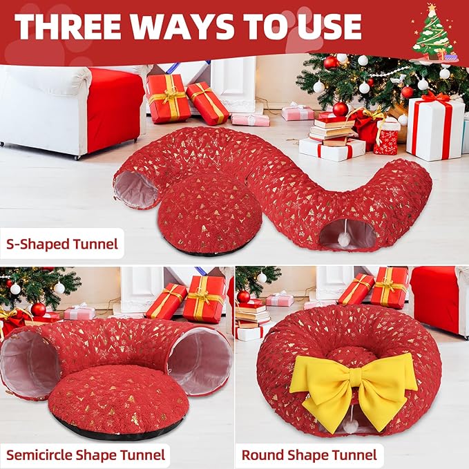 Homimp Christmas Cat Tunnel for Indoor with Bowtie, Cat Christmas Tree Large Tube Playground with Washable Circle Cushion and Plush Ball Toy, Round Pet Peekaboo Cave Toy for Kitten/Puppy/Rabbit,Red