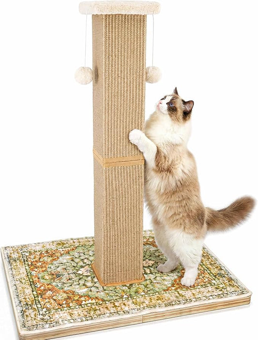 Tall Cat Scratching Post for Indoor Cats Adults, 33'' Large Cat Scratch Post with Perch, Cute Cat Scratching Post with Boho Carpet ＆ Dangling Ball Toys, Green