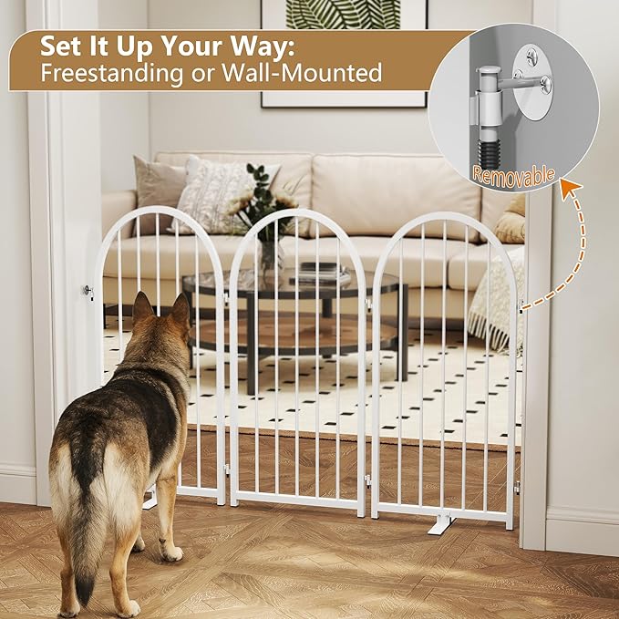 PUPETPO Full Metal Dog Gate for Indoor Outdoor, 32" Tall Free Standing Pet Dog Fence, 36" Wide Arched Pet Gates for Stairs, Hallways, Doorways, Kitchen, Decks, Yards (White, 2 Panels)