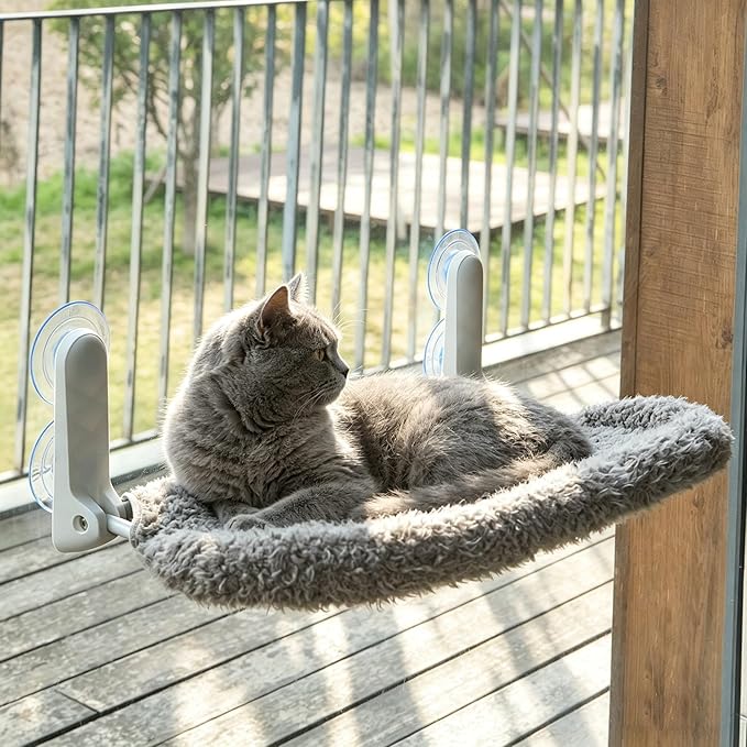 YUNIQUE Cat Window Perch with Cushion Rim, Upturned Edge Bracket, Portable Wall Hammock for Indoor Cat, Grey