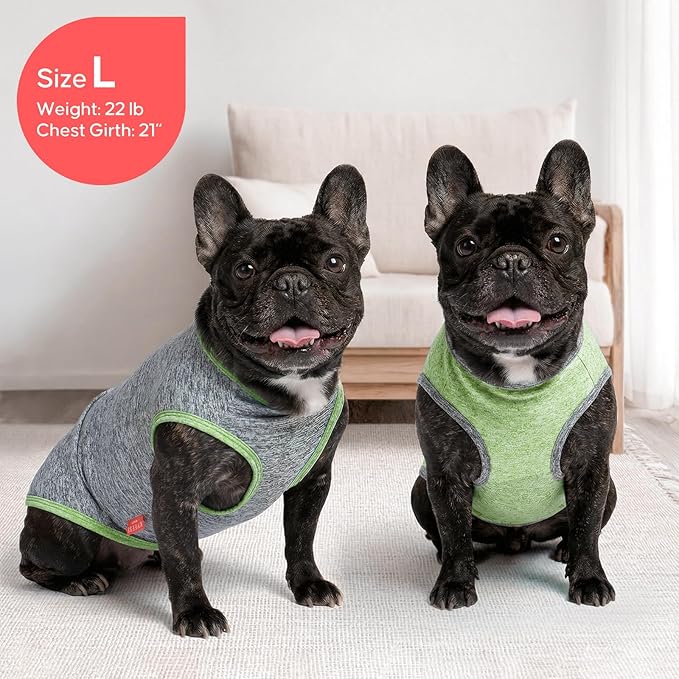 KYEESE 2Pack Dog Shirt, Lightweight Sun Protection Sleeveless Dog T Shirts for Small Medium Dogs, Breathable Pet Reflective Tank Top Summer Dogs Clothes for Outdoor Walking, Green+Grey, XL