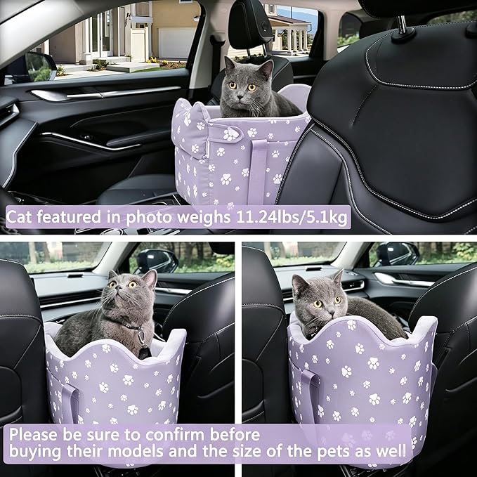 Center Console Dog Car Seat Safe Travel for Small Dogs Under 15 lbs Detachable Washable Pet Carrier with Storage Pockets & Safety Leash (Purple)