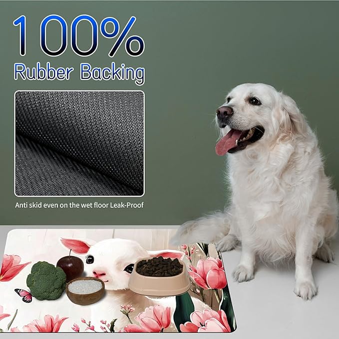 Dog Food Mat, 19.6" x 23.6" Absorbent Pet Feeding Mat for Food and Water, Waterproof Diatom Mud Pet Placemat with Non-Slip Rubber Backing, Easy Clean Cat Bowl Mat for Floors - Flower Aries