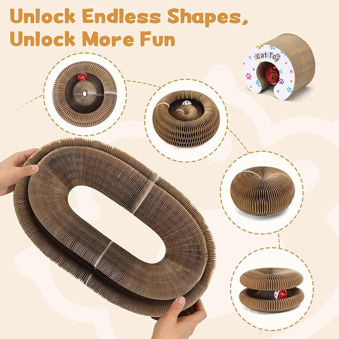 2Pcs Magic Organ Cat Scratcher Cardboard, Foldable Scratching Board, Interactive Cat Toy with Bell Ball, Corrugated Cardboard Scratch Pad for Indoor Cats, Round