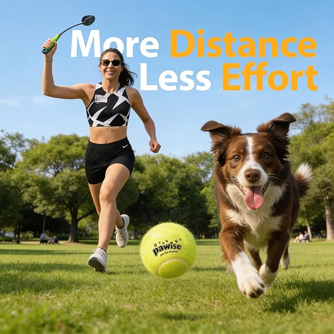 PAWISE Dog Ball Launcher for Small & Medium Dogs, 12.2" Dogs Fetch Toy with Tennis Ball + 3-Pack Squeaky Tennis Balls, Portable Hands-Free Pick-Up Thrower for Indoor & Outdoor Play