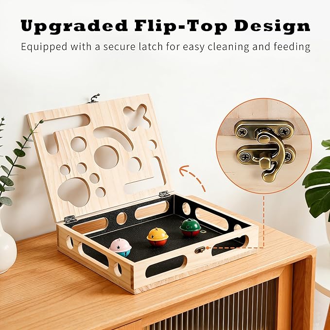 Large Solid Wood Cat Nail File Enrichment Box, Cat Scratch Puzzle Enrichment Box with Flip Lid Lock, Sandpaper Scratcher, 3 Bells & Cat Wand, Alternative to Clippers and Grinders