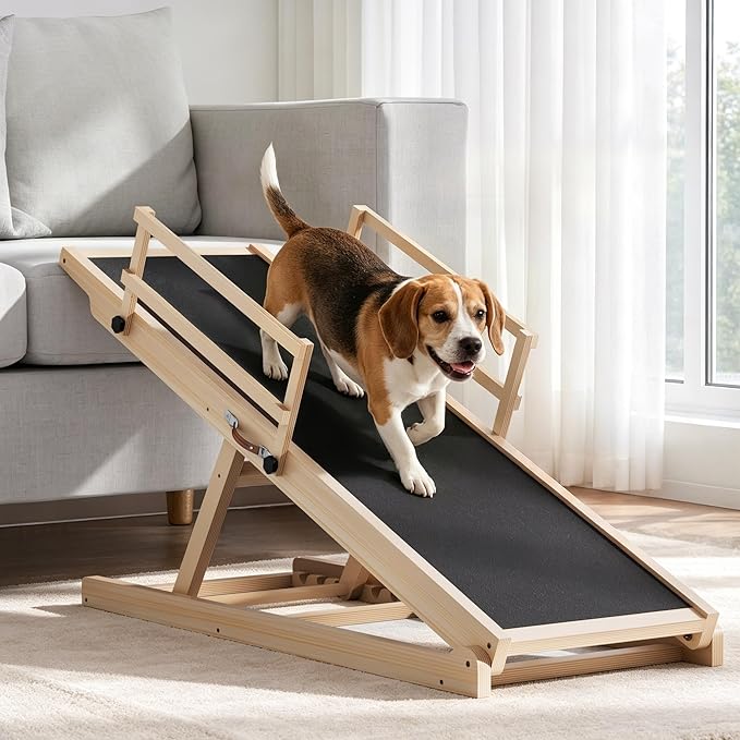 Dog Ramp for High Bed, Couch, Car, Pet Ramps 47" Long Adjustable 6 Height from 20.3"-27" Wooden Dog Step with Anti-slip Yoga Mat & Safety Side Rails for Small Medium Older Pets, up to 200 lbs