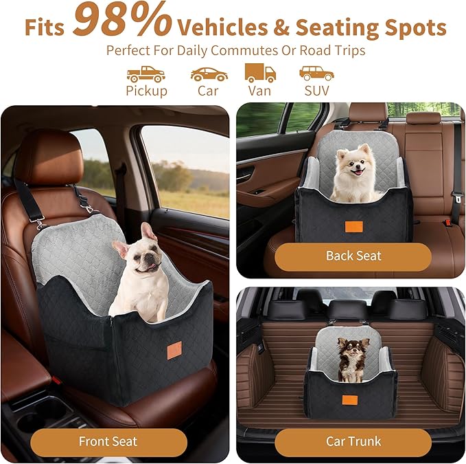 XEEP Dog Car Seat Bed for Small/Medium Dogs – Dog Booster Car Seat Up to 35 lbs -Use Travel Booster Seat with Memory Foam, Safety Belt, Bonus Urine Pad & Blanket, Removable Washable (Black/Grey)