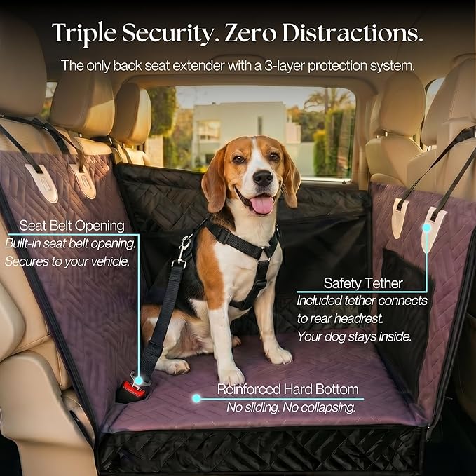 Dog Car Seat Cover with Hard Bottom – Back Seat Extender for Dogs Up to 35 lbs, Waterproof Non-Slip Hammock, Rigid Reinforced Base with Triple Security System, Storage Pockets, fits Cars SUVs Trucks