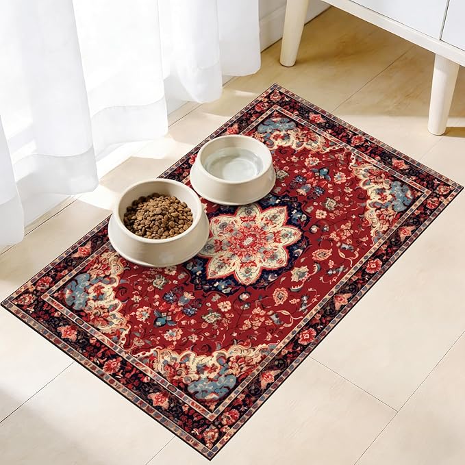 Pet Mats for Food and Water, Persia Red Dog Food Mat for Floors, Non Slip Indoor Quick Dry Cat Bowl Feeding Mats (11.8” X19.7”)
