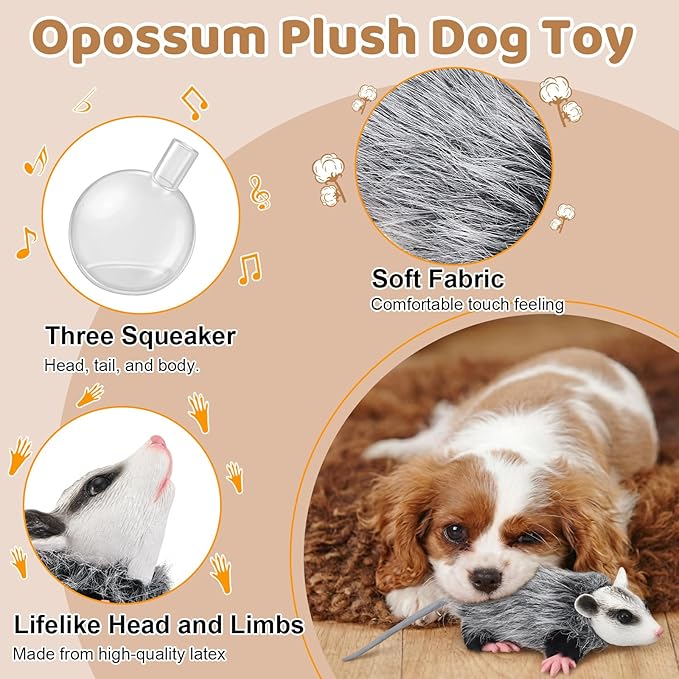 Gemscream Realistic Opossum Dog Toy Plush Squeaky Toy for All Dogs Stuffed Animal Interactive for Cuddling Playing Puppy Teething Chewing to Keep Them Busy Best Birthday Gift