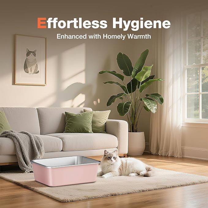 Qiuma Stainless Steel Litter Box, Large Metal Cat Litter Box with High Sided for Big and Small Cats, Non-Stick, Easy to Clean, Odor-Free, 19.5" L×13.6" W×5.9" H, Blush Pink