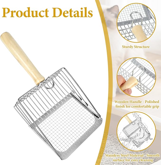 Cat Litter Scooper Metal, Cat Litter Scooper with Holder Heavy Duty Stainless Steel Litters Shovel with Washable Stand for Cats Litters Box, Durable and Heavy Duty, Easy to Clean