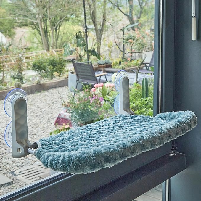 YUNIQUE Cat Window Perch with Cushion Rim, Upturned Edge Bracket, Portable Wall Hammock for Indoor Cat, Green