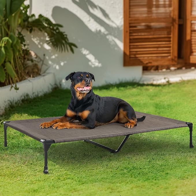Veehoo Outdoor Elevated Dog Bed Large Sized Dogs, Extra Large Cooling Raised Dog Cots Beds Training Platform Off Ground Hammock with Breathable Mesh, No-Slip Feet, 53"x37", Brown