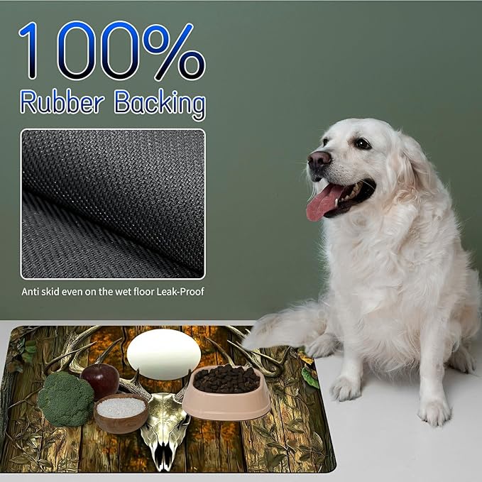 Dog Food Mat, 15.7" x 23.6" Absorbent Pet Feeding Mat for Food and Water, Waterproof Diatom Mud Pet Placemat with Non-Slip Rubber Backing, Easy Clean Cat Bowl Mat for Floors - Moon Deer Head