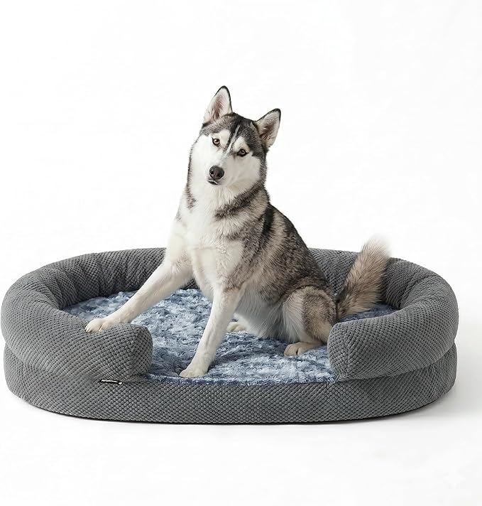 Orthopedic Dog Bed for Large Dogs, 43 Inches, Oval Pet Bed with Memory Foam, Removable Washable Cover, Bolstered Sides, Thick Supportive Cozy Puppy Bed for Sleeping, Gray