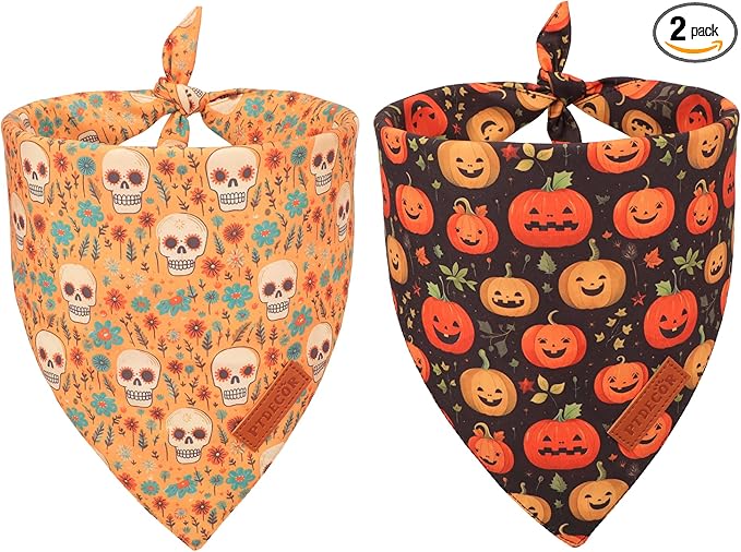 PTDECOR Halloween Dog Bandana, Skeleton Pumpkin Reversible Holiday Dog Scarf, Triangle Halloween Bandanas for Medium Large Dogs Pets (Large)