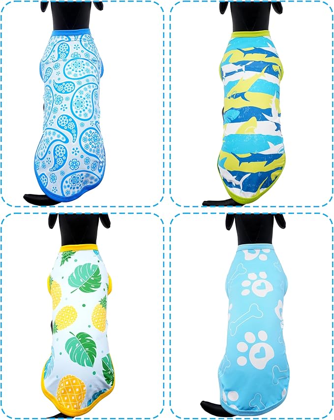 PET SHOW 4 Pack Summer Dog Shirts for Small Doggies Boy UPF 50+ UV Sun Protection Cooling Clothes Tank Top Shark Puppy Kitten Cats T-Shirts Pet Holiday Party Sleeveless Vest Blue(Small)
