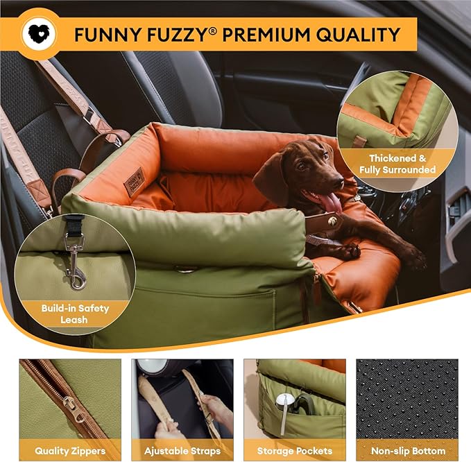 FUNNYFUZZY Luxury Dog Car Seat for Small Medium Dogs Under 35 lbs, Waterproof Leather Pet Booster Seat with Safety Leash & Anti-Slip Base, Fully Padded Dog Car Bed, Portable Puppy Carrier(Green)