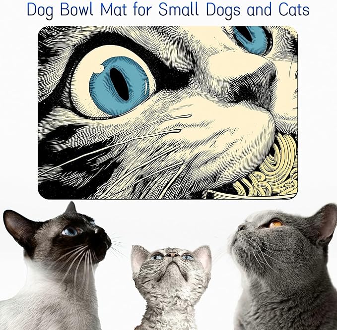 Dog Food Mat, 15.7" x 23.6" Absorbent Pet Feeding Mat for Food and Water, Waterproof Diatom Mud Pet Placemat with Non-Slip Rubber Backing, Easy Clean Cat Bowl Mat for Floors - Noodle Cat