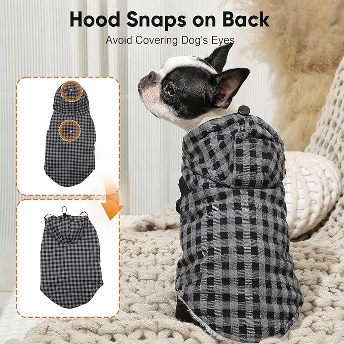 Vecomfy Fleece Lining Dog Hoodie for Large Dogs Extra Warm Plaid Sweater with Drawstring Hooded Coats in Winter Doggie Jacket,Black XXXL
