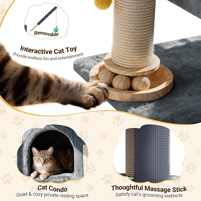 【Scratch & Playhouse】 PetDance Small Cat Tree Tower with Scratching Posts【100% Natural Sisal】, Wood Track Ball Toy & Self-Grooming Brush for Bored Indoor Cats, Mist Blue