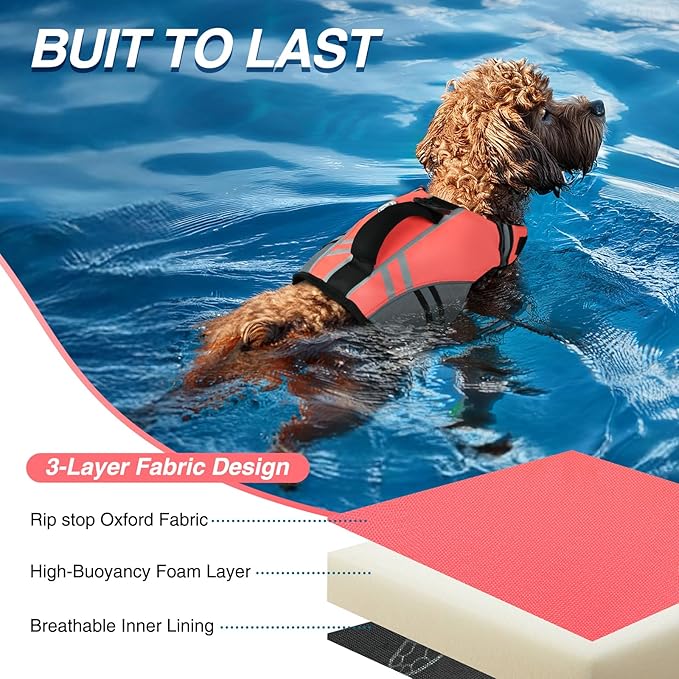 VIVAGLORY Sports Style Dog Life Vest, Dog Life Jacket for Swimming & Boating, Ripstop & Buoyancy for Puppy Doggy, Lifejacket with Handle, XS, Bright Pink