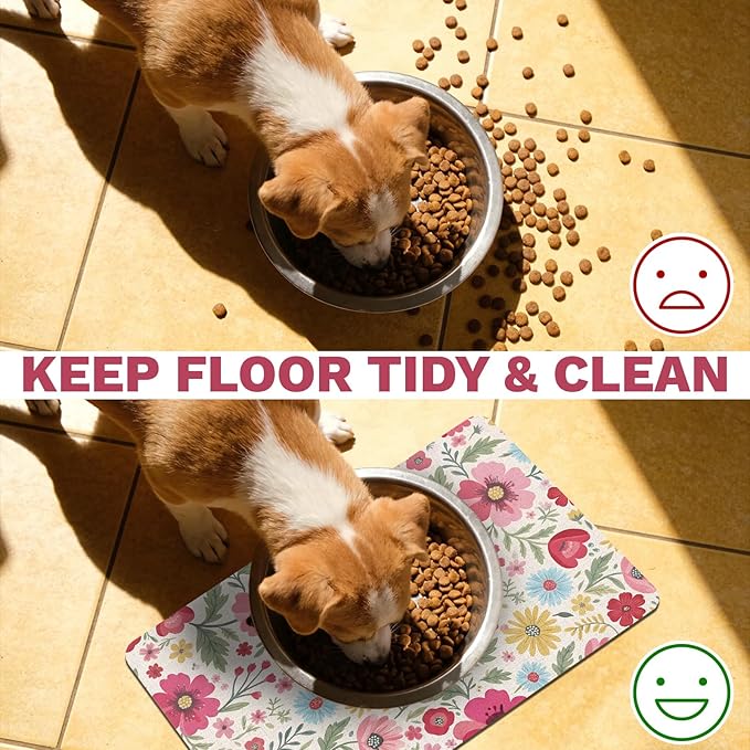 Pet Dog Cat Food Mat, Absorbent Quick Dry Dog Bowl Mats for Food and Water, Non Slip Boho Floral Dogs Cat Placemats Feeding Mat for Floors Indoor Puppy Pet Accessories Supplies 17 * 30 inch
