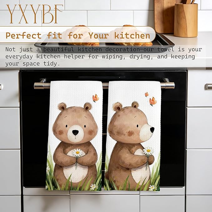 Spring Floral Bear Hand Towels for Kids Bathroom Washroom Decor 16x24 Inches, Gifts for Bear Lovers, Cute Forest Animal Kids Bathroom Towels Decorative, Set of 2