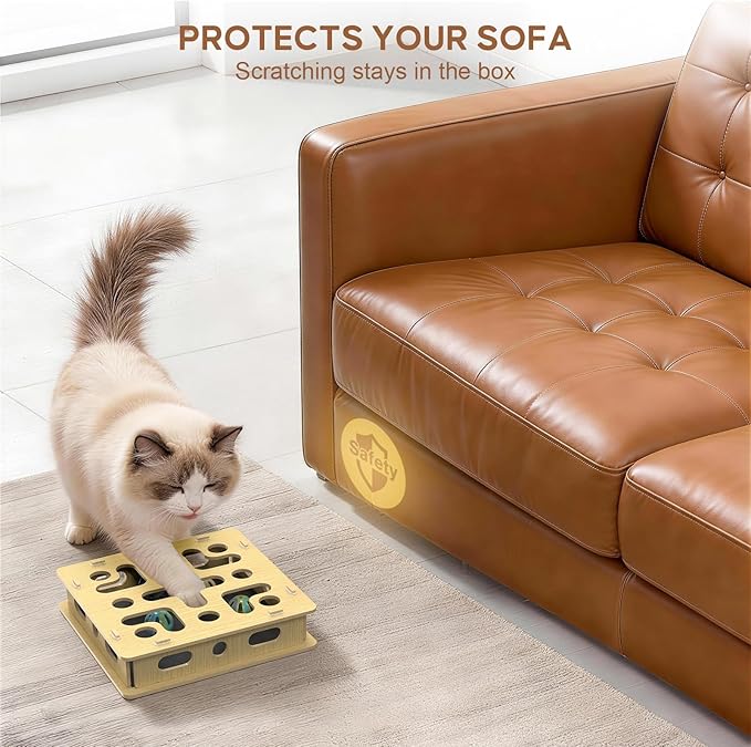 EIODEAR Cat Nail File Scratcher Box with 5 Sandpaper Pads & 4 Bell Balls, Sturdy Wood Cat Nail Scratcher to File Nails, Cat Toy Filer Toy for Treat-Motivated Cats, Included Silicone Security Rings