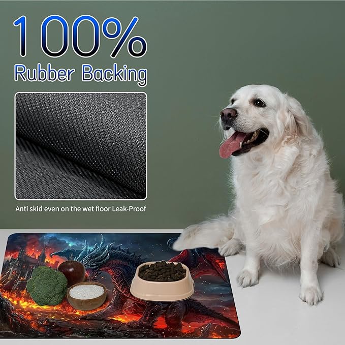 Dog Food Mat, 19.6" x 23.6" Absorbent Pet Feeding Mat for Food and Water, Waterproof Diatom Mud Pet Placemat with Non-Slip Rubber Backing, Cat Bowl Mat for Floors - Flaming Gray Dragon