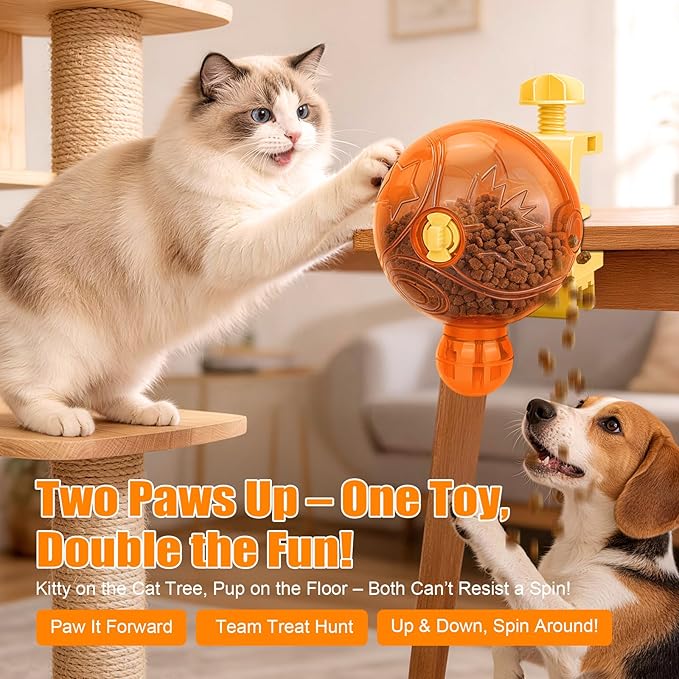 Cat Slow Feeder Puzzle Toy with Clamp Mount, Interactive Spinning Ball Treat Dispenser, Adjustable Feeding Openings for Dry Food, Enrichment Food Dispenser for Indoor/Outdoor, Cats/Small Dogs