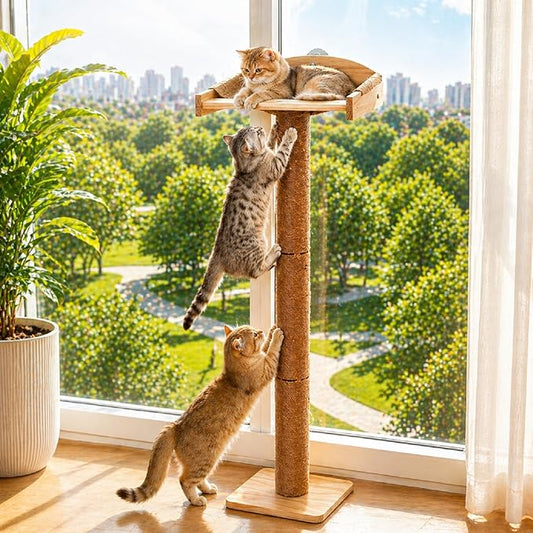 42'' Cat Tree Window Sill Perch with Tall Vertical Scratching Post Height-Adjustable Indoor Hammock Bed for Large Cats Drill-Free Suction Cup Climbing Tree Tower for Sunbathing & Bird Watching (Wood)