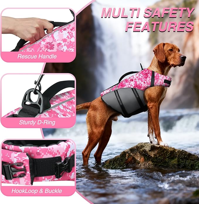 VIVAGLORY Sports Style Dog Life Vest, Dog Life Jacket for Swimming & Boating, Ripstop & Buoyancy for Puppy Doggy, Lifejacket with Handle, S, Camo Pink