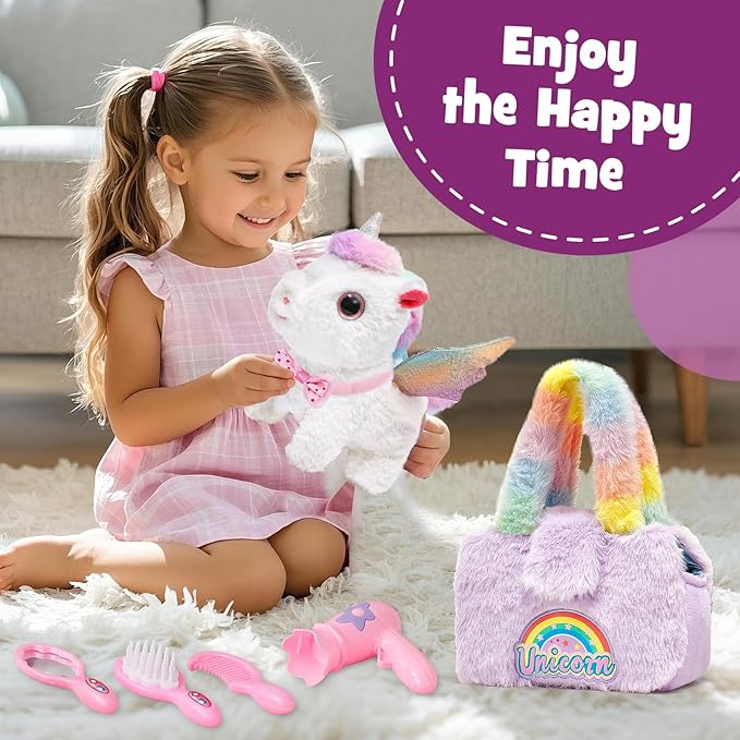 G.C Interactive Walking Unicorn Toys for Girls age 4-6, Electric Unicorn Plush with Bag & Coloring Book & Groom Accessories, Pretend Play Pet Care Kit Toddler Girl Christmas Birthday Gift 3 4 5 6 Year