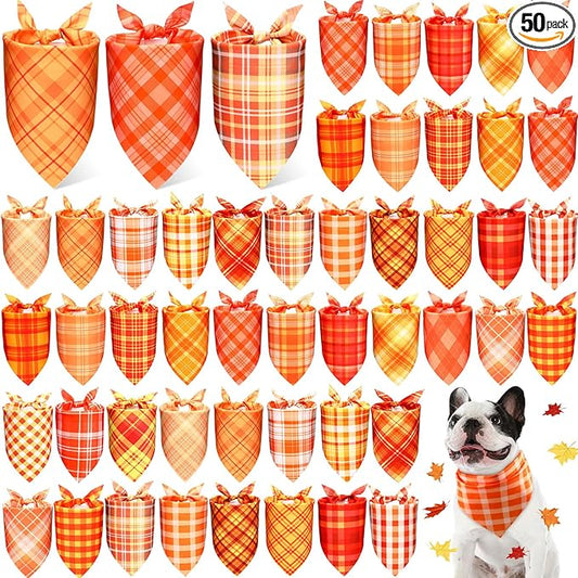 Abbylike 50 Pcs Orange Plaid Dog Bandanas Bulk Check Pattern Bandanas for Dogs Triangle Kerchief Bib Scarf Set for Pet Party Costume Photo Props Accessories Pet Shops, 25 Styles(31.5 x 21.7 x 21.7)