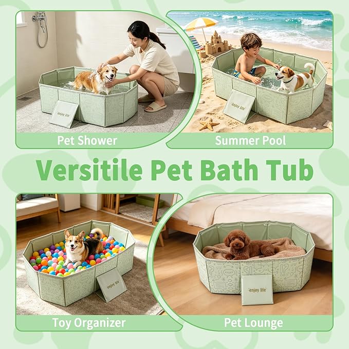 YUEPET Foldable Dog Bathtub,Portable Pet Bath ub with Drain Plug,Collapsible Wash Shower Basin with Non-Slip Base, Insulated Shower Pool for Small to Medium Dogs & Cats, Space-Saving for Travel（Green）