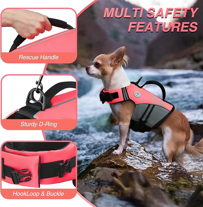 VIVAGLORY Sports Style Dog Life Vest, Dog Life Jacket for Swimming & Boating, Ripstop & Buoyancy for Puppy Doggy, Lifejacket with Handle, XS, Bright Pink