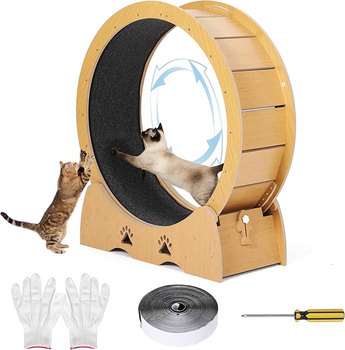 GarveeLife Cat Exercise Wheel, Wooden Cat Running Treadmill with Carpeted Runway for Indoor Cats, Low Noise Removable Carpet Cat Wheel for Kitty Running Walking Training