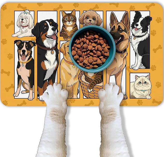 Dog Food Mat for Pet Cat Food Mat, Cute Absorbent Quick Dry Dog Bowl Mats for Food and Water, Non-Slip Cat Pet Feeding Mats for Floor Placemats 12"x20"