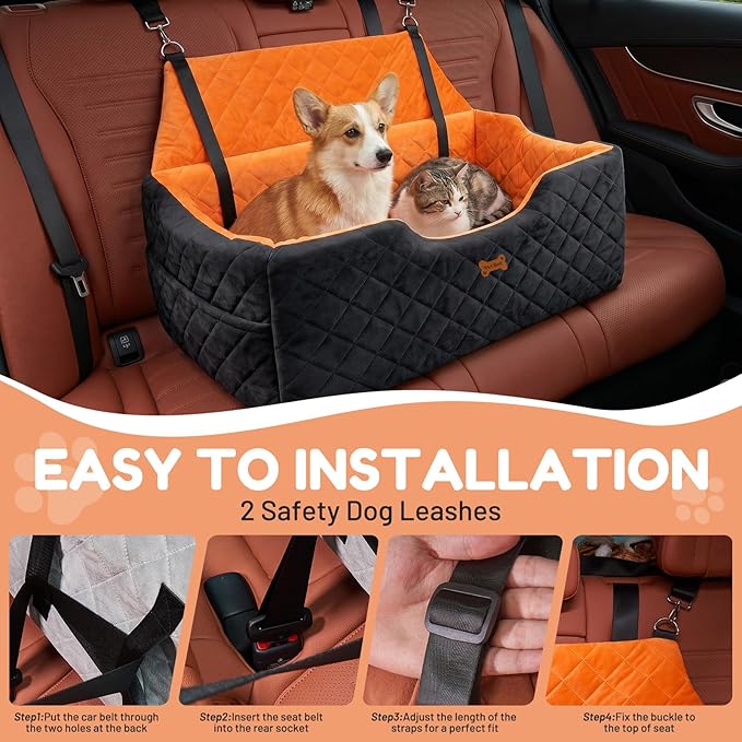 Dog Car Seat for Large Medium Dogs - Foam Dog Booster Seats up to 55 lbs, High-Depth Car Pet Seat with Storage/2 Safety Leash, Portable Travel Pet Bed for Cars, 2in, Black
