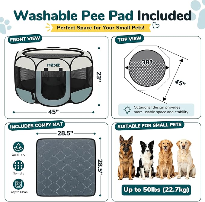 Dog Playpen with Pee Pad, Portable Puppy Pet Crate Indoors for Small/Medium/Large Dogs Cats Rabbits, Foldable Dog Cage Enclosure for Outdoor, Pop Up Dogs Tent Kennel with Carrying Case, Grey