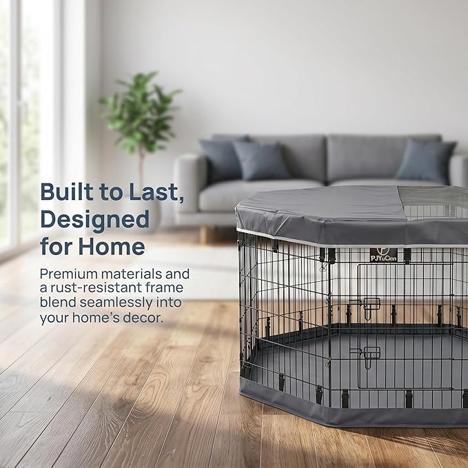PJYuCien Octagonal Dog Playpen with Top Cover and Bottom Pad - Metal Foldable Exercise Pen, 8 Panels 36" H x 24" W Indoor Outdoor Pet Fence Puppy Crate Kennel, Gray