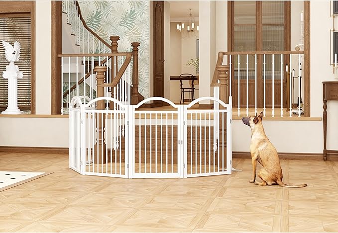 BHG Metal No-Assembly Freestanding Dog Gate with Door Walk Through, Extra Wide 144", Extra Tall 32" Pet Gate, Accordion Puppy Folding Playpen Dog Fence for Indoor & Outdoor, with 2PCS Support