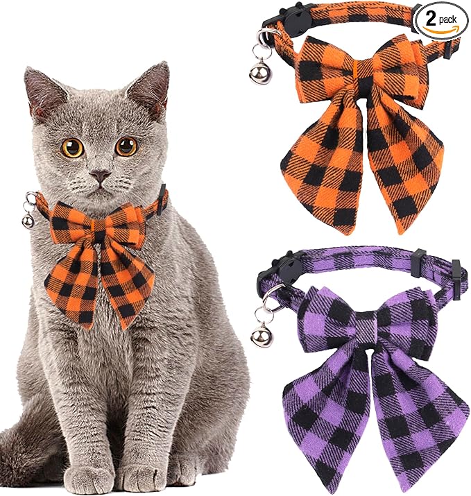 ADOGGYGO Halloween Cat Collars with Removable Bow Bell, 2 Pack Orange Purple Plaid Halloween Bowtie Collar for Cats Kittens