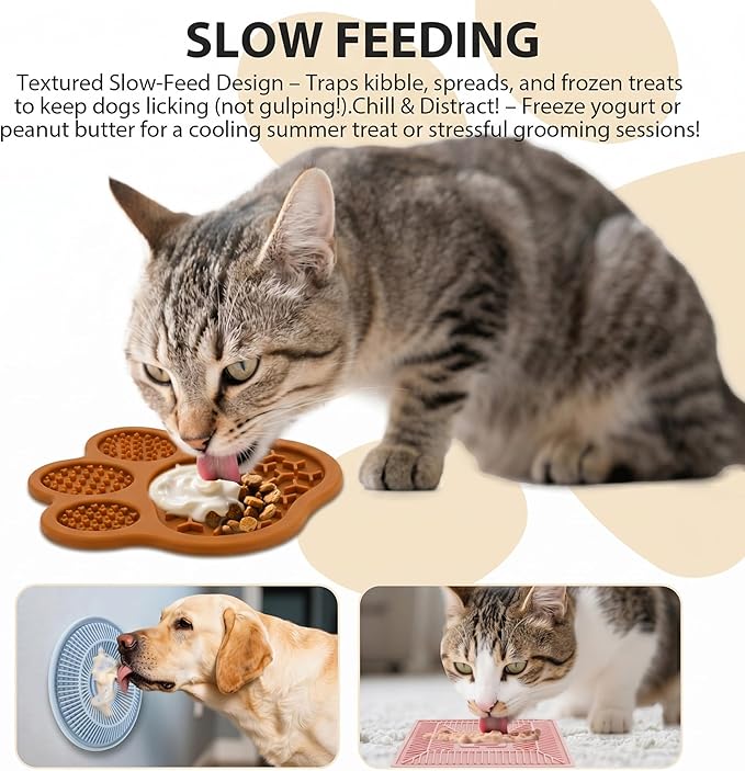 Lick Mat for Dogs and Cats, Slow Feeder Mats with Suction Cups - Bathing, Grooming and Training, Anxiety Relief Feeding Pad,Dishwasher-Safe (PBW03-Brown-paw)