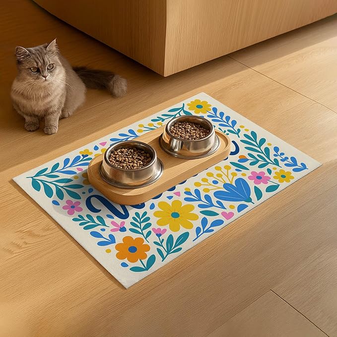 HOMETITUTE Daisy Flower Pet Food Mat 20" x 12" Welcome Sign Pet Feeding Mat Non Slip Mats for Dog Food and Water Bowls Easy Clean Fast Dry Placemat for Cat Food Mats for Indoor Trendy Pet Accessories