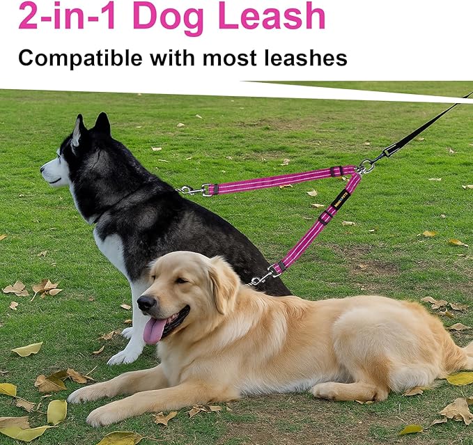 MingXpet Double Dog Leash for Two Dogs, No Pull Dog Leash, 360° Swivel No Tangle for Medium Dogs Walking & Training, Shock Absorbing Reflective Bungee, Rose